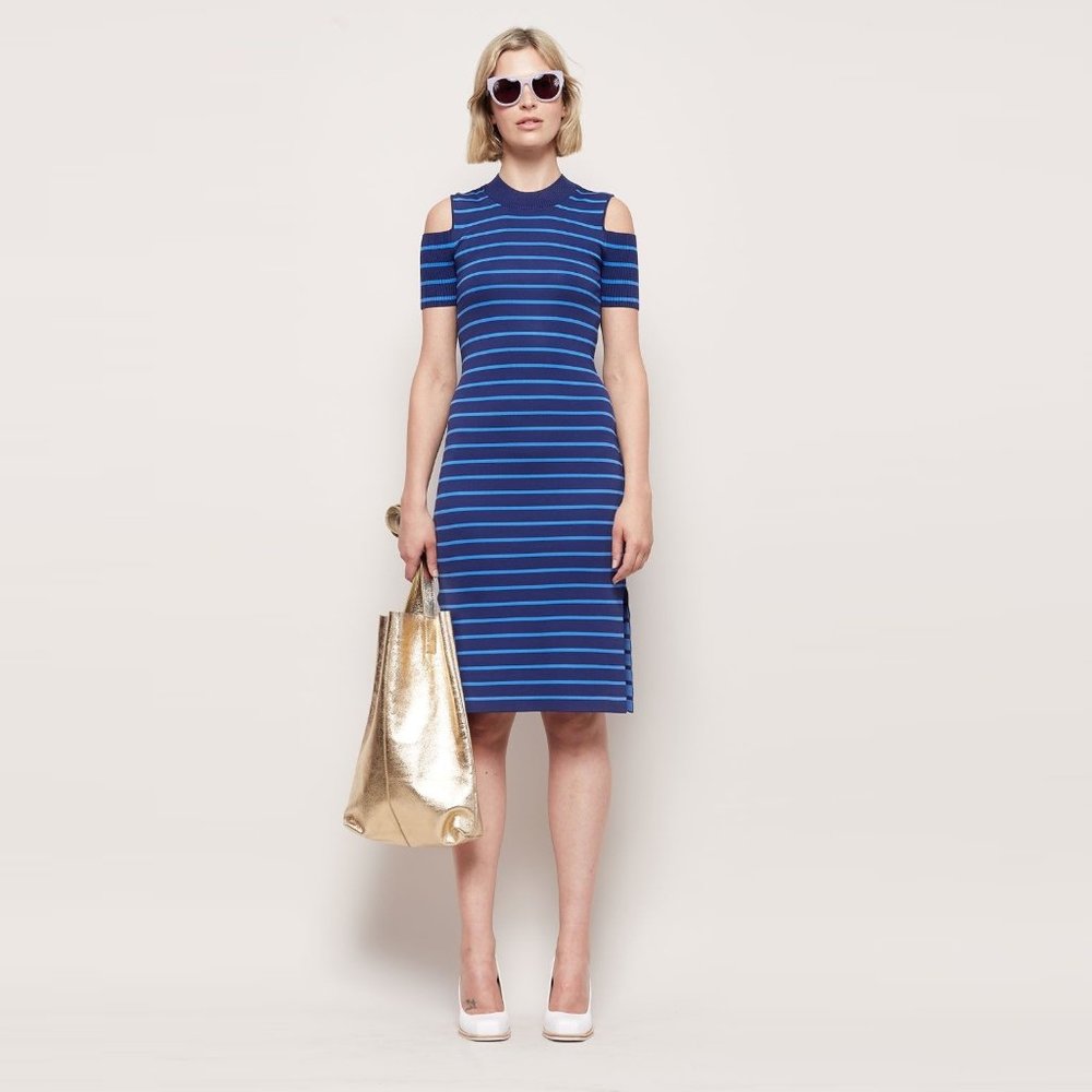 GORMAN Lola Stripe Blue Cold Shoulder Midi Dress - Picture 2 of 9